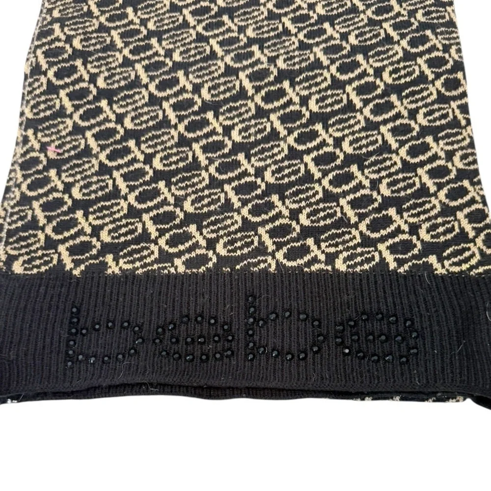 BEBE Logo Black and Gold Stocking Cap and Scarf Set Rhinestone Logo Pom Pom NWOT